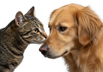Fototapeta premium Macro studio portrait: majestic tabby cat and golden retriever mix dog nuzzling, wet noses, glossy eyes, high-key light, transparent, animal companionship.