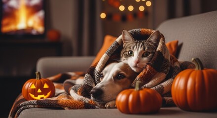 Naklejka na ściany i meble Adorable cat and dog friends snuggle under cozy blanket for Halloween. Festive scene includes glowing jack-o'-lanterns and warm candles, creating spooky, charming atmosphere.