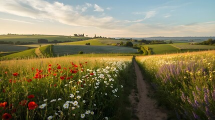 Obraz premium Rural Countryside Path through Blooming Wildflower Fields and Rolling Hills at Sunset