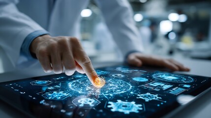 Creative composition of glowing medical diagnostics interface clean sterile lab no identifiable content