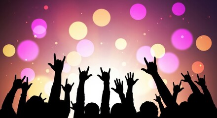 Naklejka na ściany i meble Crowd with hands raised in the air at a concert with colorful bokeh lights in the background, celebrating a music event