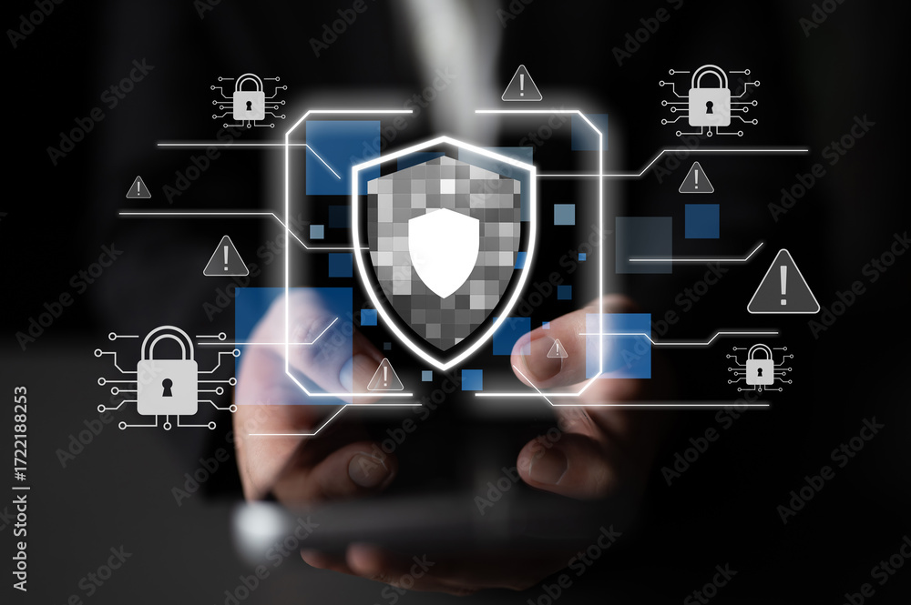 Poster cyber security protects against breaches, hacks, and network attacks using strong infrastructure and