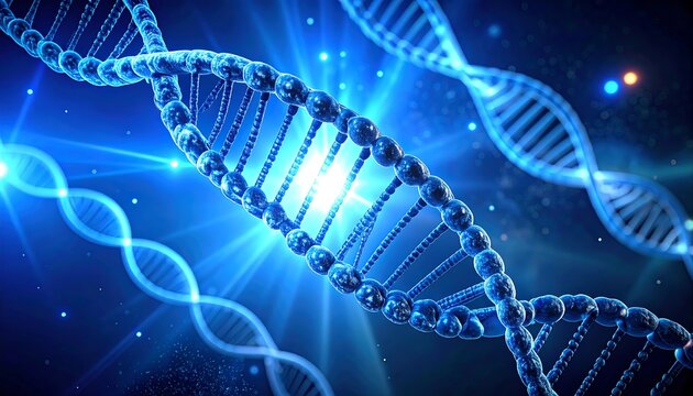 A vibrant, digitally rendered representation of DNA strands, illuminated with a bright central light and blue hues. The double helix is the focal point - Powered by Adobe