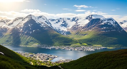 Scenic Norwegian Fjord Town Nestled Between Majestic Snow-Capped Mountains.
