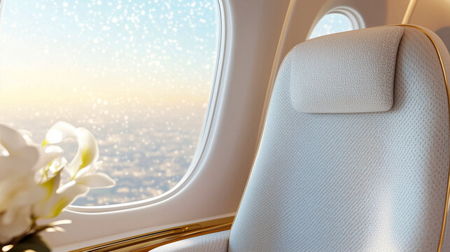 Luxurious first class airplane seats with sleek design and spacious layout, ideal for vacation or corporate travel, wide banner format with empty copy space, palette of champagne beige, premium travel