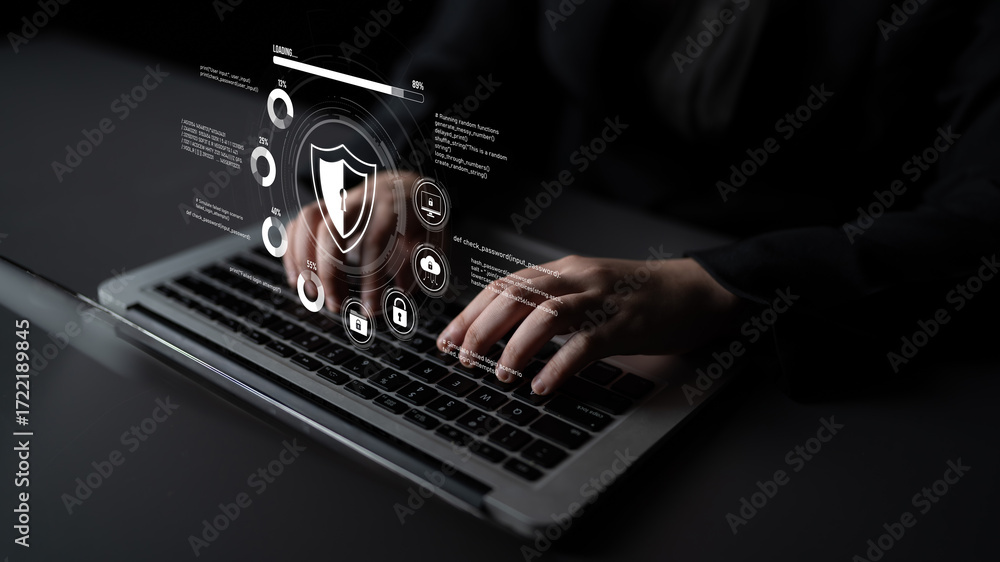 Poster cyber security protects against breaches, hacks, and network attacks using strong infrastructure and