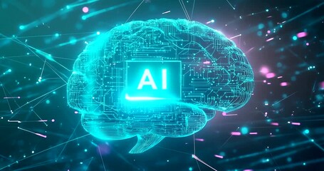 Abstract digital brain with ai text glowing in neon blue, representing artificial intelligence and futuristic technology in a network of connections 4k video - Powered by Adobe