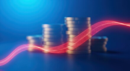Naklejka na ściany i meble Stacks of coins with a glowing red digital line graph superimposed, representing financial growth and technology in a blue abstract background