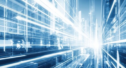 Naklejka na ściany i meble Abstract futuristic cityscape with glowing blue light trails, representing technology, innovation, and the digital world