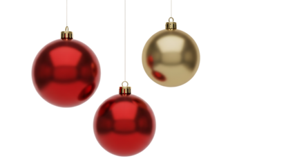 Three christmas balls hanging on strings isolated on transparent background, red and gold colored ornaments for festive season decoration
