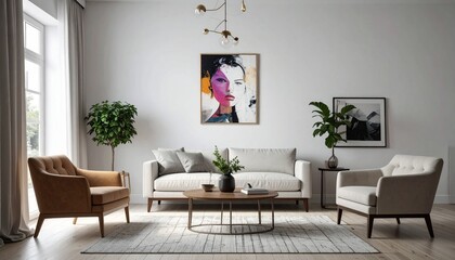 Stylish modern living room with neutral tones, white sofa, wood accents, and vibrant wall art. A cozy, elegant space blending minimalism, comfort, and contemporary design.