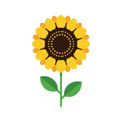 Vibrant Sunflower Illustration with Green Stem and Leaves.
