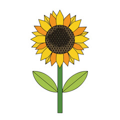 Vibrant Sunflower Illustration with Green Stem and Leaves.