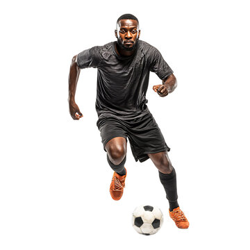 Soccer Player with Intensity : A focused soccer player sprints with the ball showcasing strength and determination on a transparent background