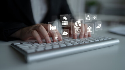 Obraz premium ESG principles guide sustainable business through environment, social, and governance. ESG enhances ESG responsibility, transparency, and ESG values. Latch