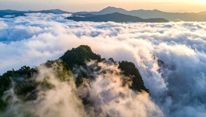 Misty mountain peaks at sunrise