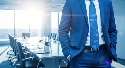 Naklejka na ściany i meble Man in a blue suit standing in a modern conference room with a long table and chairs, bright sunlight streaming in