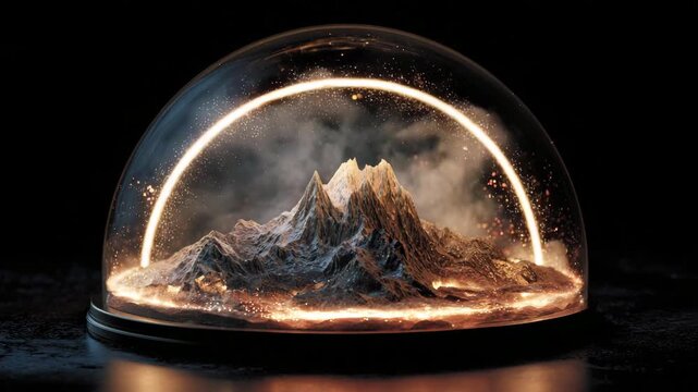 Captivating mountain scene encased in glass dome, featuring evolving light patterns and mist, creating an enchanting visual experience