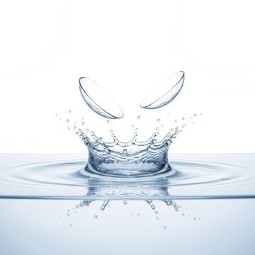 Falling contact lenses splash in clear water with neon lights, futuristic medical and vision concept. Generative Ai