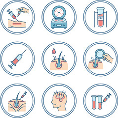 Set of 9 Line Art Vector Icons for PRP Hair Restoration Treatment, Hair Care and Medical Dermatology
