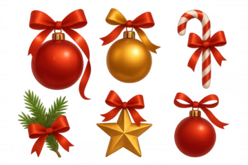 Festive collection featuring christmas ornaments, candy cane, spruce branch, and star decorations with bows