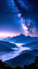 Misty mountain range at night under a vibrant Milky Way