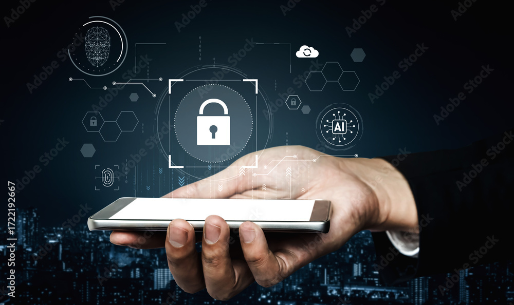 Poster ai cyber security system using biometric authentication and privacy control. cyber security protects