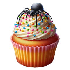 A colorful Halloween-themed cupcake with a bright orange wrapper and white icing, decorated with a shiny black spider with orange eyes. A fun and creepy dessert, perfect for a holiday