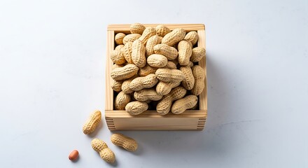 Wooden Box Overflowing with Shelled Peanuts on White Background