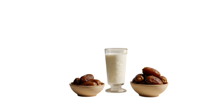 Dates + milk setup for Ramadan isolated on white background.