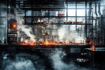 Dark science lab filled pulsing chemistry tubes glowing vapor effects and soft reflections