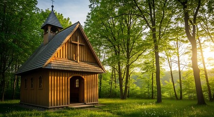Fototapeta premium Wooden Chapel in a Lush Forest Bathed in Golden Sunlight, Serene Scene