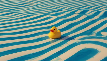 Bright Yellow Rubber Duck on Undulating Blue and White Striped Waves