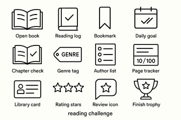 Reading challenge icons: open book, bookmark, daily goal, genre tag, finish trophy