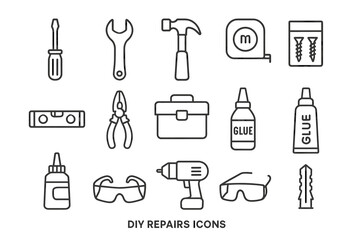 Diy repair tools icons: screwdriver, hammer, wrench, tape measure, pliers, drill, glue