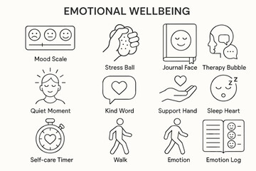 Emotional wellbeing icons: mood, stress, therapy, support, self-care