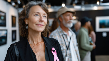 A middle-aged woman with a serene expression at an art gallery wearing a pink ribbon, capturing the spirit of reflection and appreciation of artistic creativity.