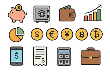 Financial icons: piggy bank, safe, wallet, graph, currency symbols, calculator, briefcase