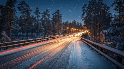 Winter road trip through snowy landscape with car light trails and forest at night scene view