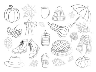 Cozy autumn doodle set. Hand drawn fall clipart with leaves, pumpkins, candle, pie and seasonal elements. Perfect for season designs, harvest festival and coloring activities