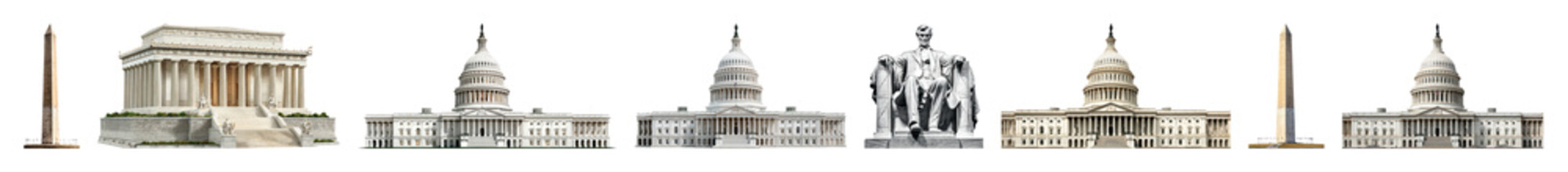 Fototapeta premium PNG Iconic Washington DC landmarks panorama, element set on transparent background