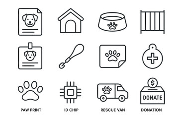 Fototapeta premium Pet adoption and care icons: dog profile, house, bowl, leash, paw print, chip, van, donation