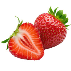 Ultra close-up macro of a perfectly ripe, juicy strawberry, halved, whole, and sliced, showcasing ruby-red interior and green calyxes on transparent. Concept of natural perfection and deliciousness