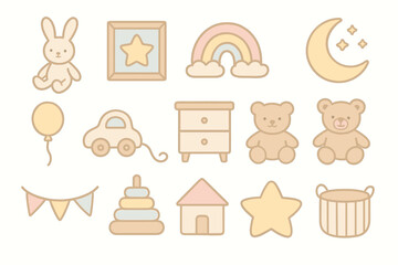 Cute pastel baby room decor with toys and decorations for playful nursery