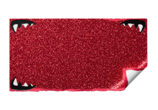 extreme macro of vibrant crimson glitter cardstock, jagged edges, black tribal 'teeth' pattern, peeled corner revealing white underside, isolated on transparent, dramatic material contrast concept