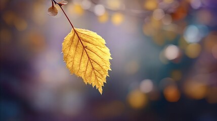 Golden yellow autumn leaf hanging alone from a small bare branch, glowing against a soft, colorful bokeh background, creating a calm and vibrant seasonal atmosphere