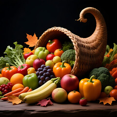 Cornucopia Overflowing with Fresh Fruits and Vegetables – Thanksgiving Harvest Abundance