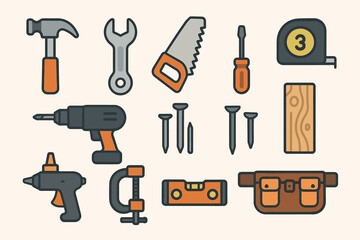 Assorted hand tools and accessories: hammer, drill, wrench, tape measure, and more