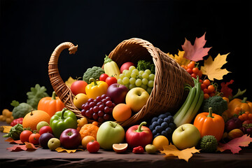 Cornucopia Overflowing with Fresh Fruits and Vegetables – Thanksgiving Harvest Abundance