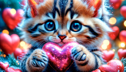 Incredibly cute fluffy kitten holds her heart in her paws - Valentine, Happy Valentine's Day